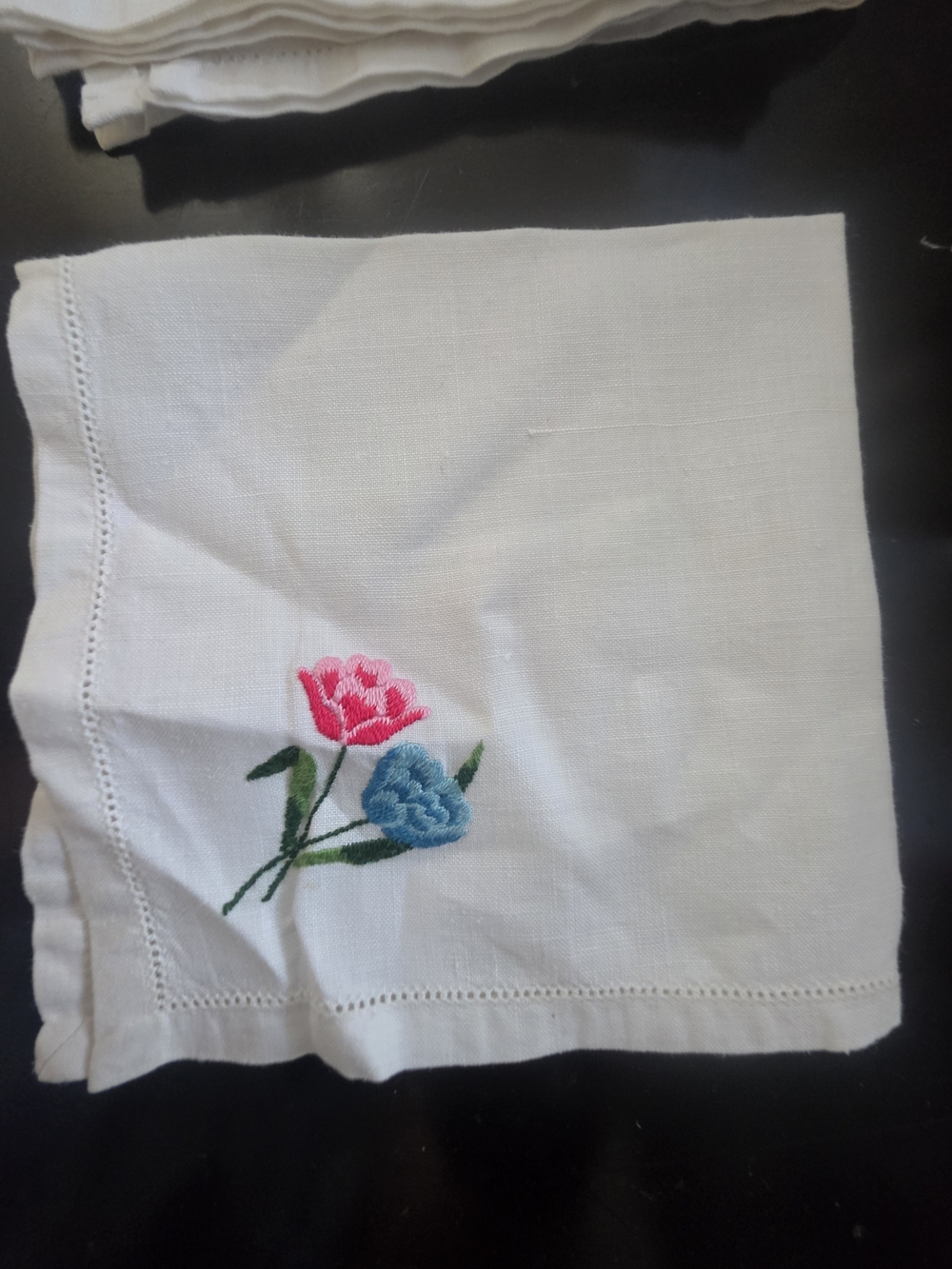 Embroidered Floral Cotton Napkins - White with Pink, Purple, Yellow Accents - Picture 4 of 6